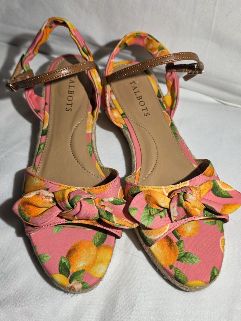 Talbots Sandals women size 8 Fruit Lemon summer Pink BOHO beach bows straps